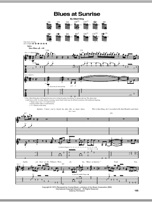 Stevie Ray Vaughan Blues At Sunrise sheet music notes and chords arranged for Guitar Tab