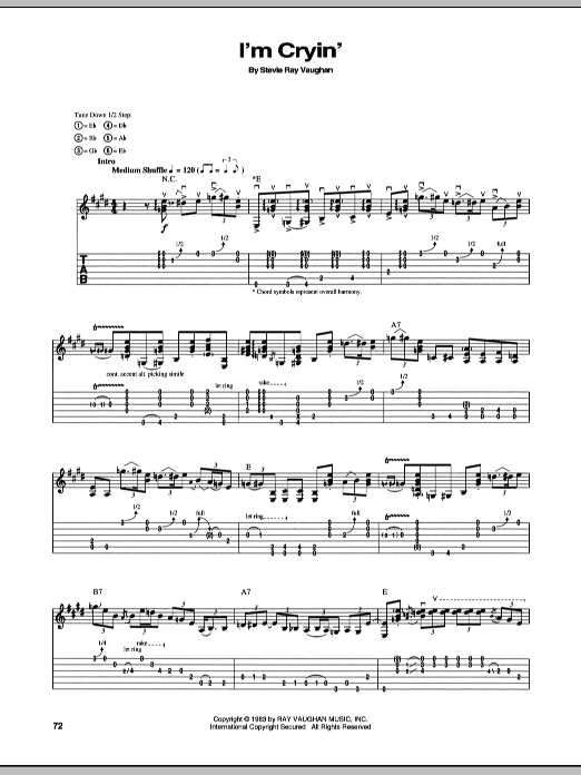 Stevie Ray Vaughan I'm Cryin' sheet music notes and chords arranged for Guitar Tab