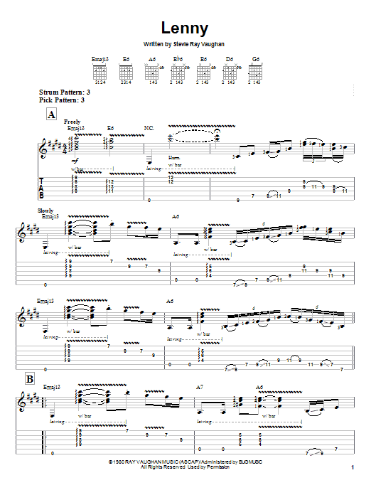 Stevie Ray Vaughan Lenny sheet music notes and chords arranged for Easy Guitar Tab