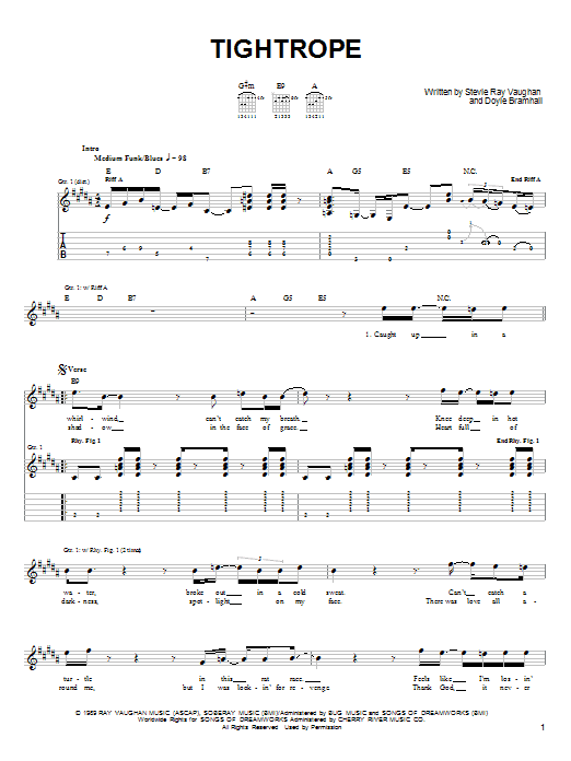 Stevie Ray Vaughan Tightrope sheet music notes and chords arranged for Guitar Tab (Single Guitar)