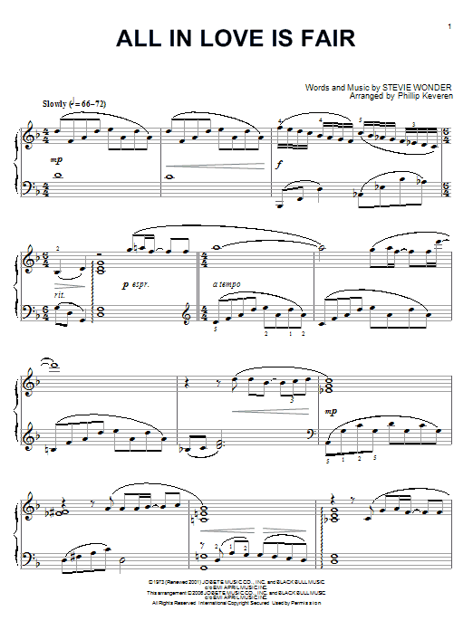 Stevie Wonder All In Love Is Fair (arr. Phillip Keveren) sheet music notes and chords arranged for Piano Solo