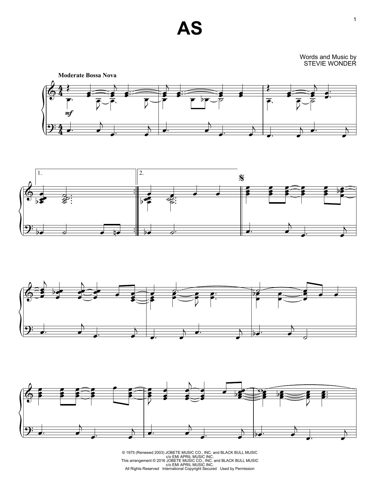 Stevie Wonder As [Jazz version] sheet music notes and chords arranged for Piano Solo