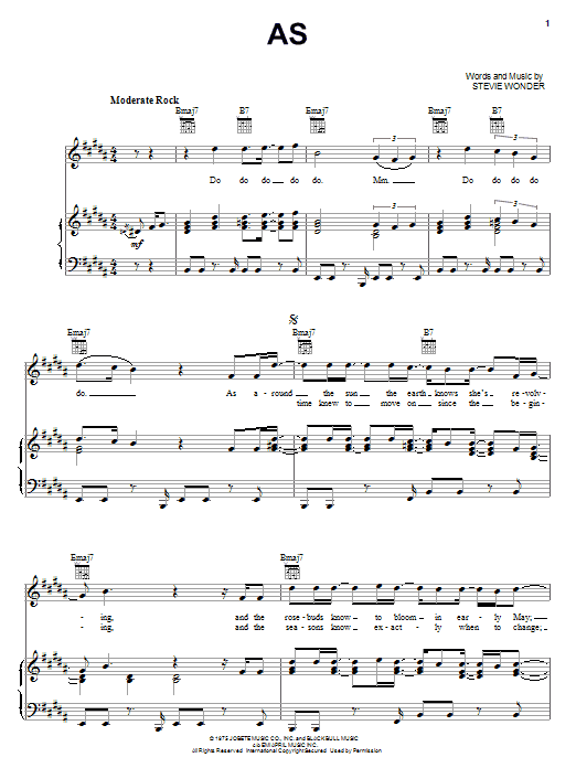 Stevie Wonder As sheet music notes and chords arranged for Piano, Vocal & Guitar Chords (Right-Hand Melody)