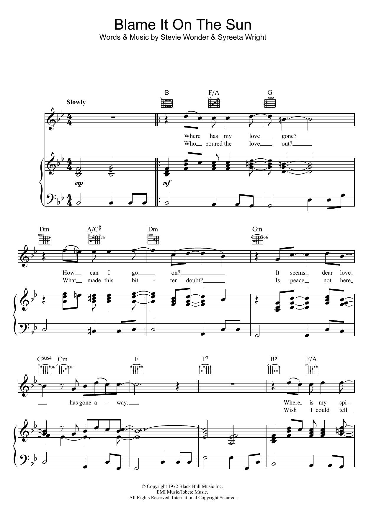 Stevie Wonder Blame It On The Sun sheet music notes and chords arranged for Piano, Vocal & Guitar Chords