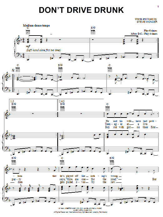 Stevie Wonder Don't Drive Drunk sheet music notes and chords arranged for Piano, Vocal & Guitar Chords (Right-Hand Melody)