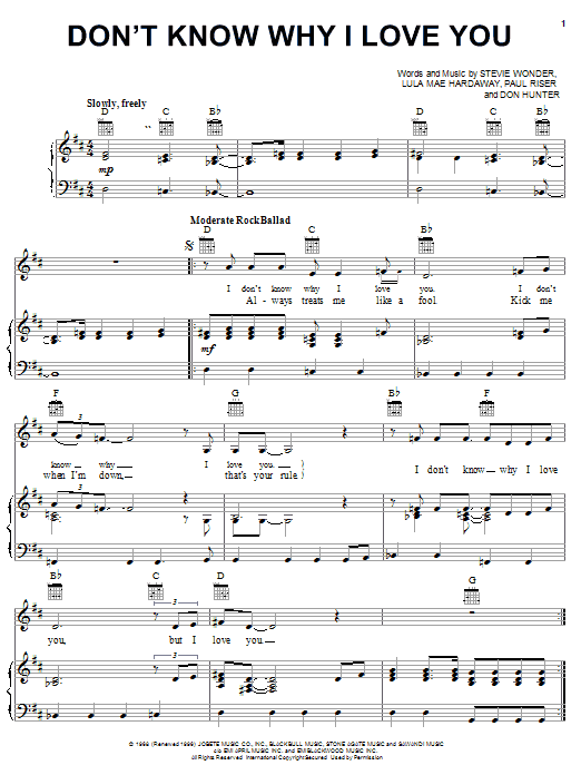 Stevie Wonder Don't Know Why I Love You sheet music notes and chords arranged for Piano, Vocal & Guitar Chords (Right-Hand Melody)
