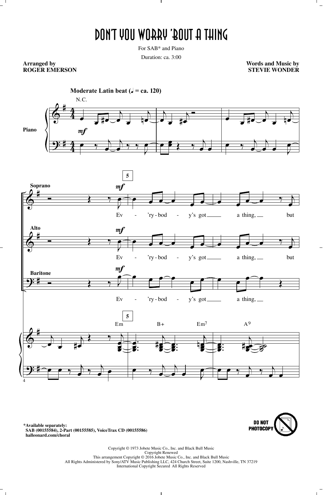 Stevie Wonder Don't You Worry 'Bout A Thing (arr. Roger Emerson) sheet music notes and chords arranged for SAB Choir