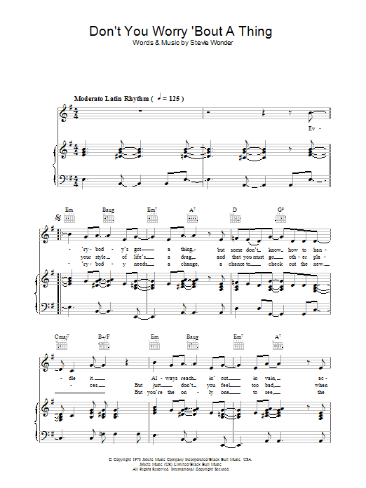 Stevie Wonder Don't You Worry 'Bout A Thing sheet music notes and chords arranged for Piano, Vocal & Guitar Chords (Right-Hand Melody)