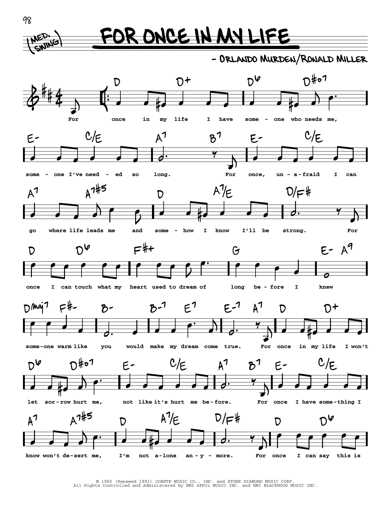 Stevie Wonder For Once In My Life (High Voice) sheet music notes and chords arranged for Real Book – Melody, Lyrics & Chords