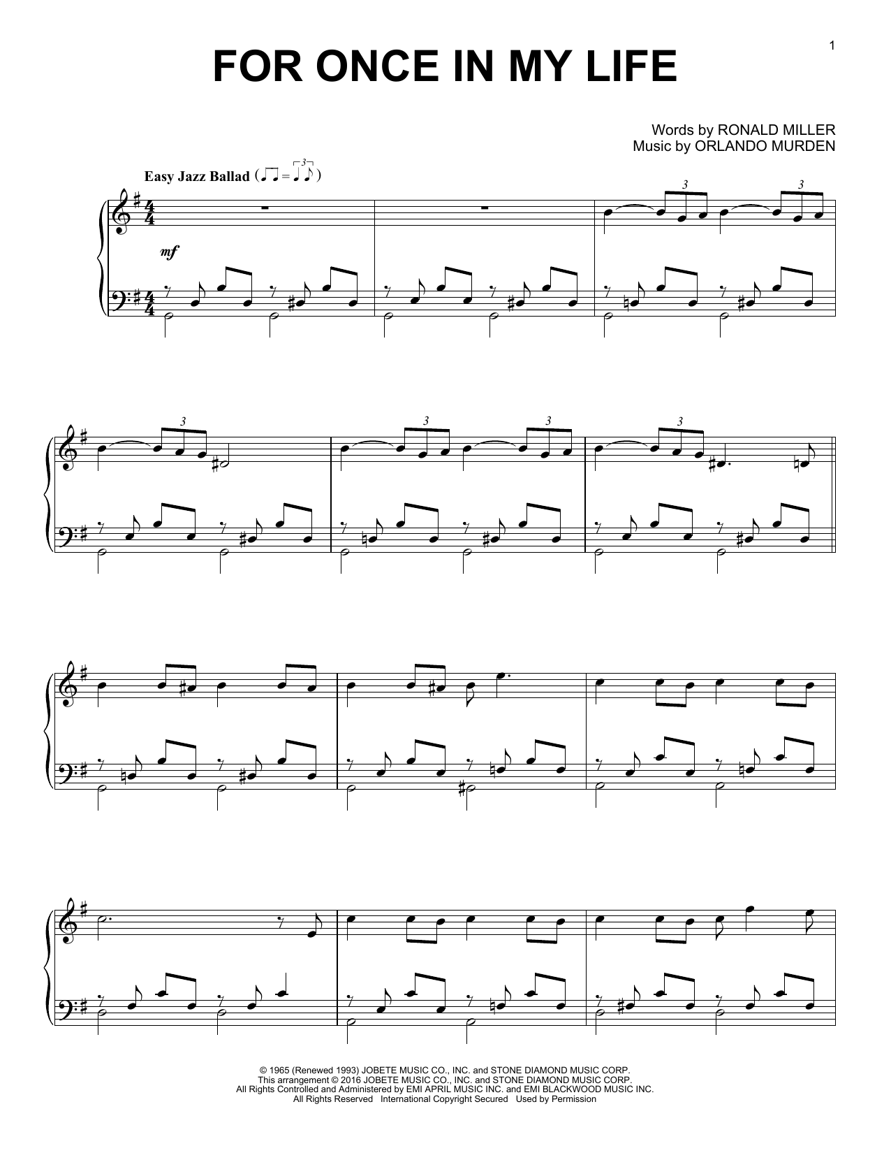 Stevie Wonder For Once In My Life [Jazz version] sheet music notes and chords arranged for Piano Solo