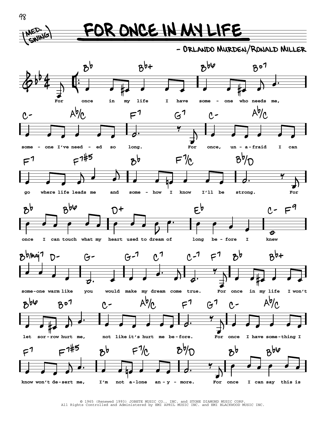 Stevie Wonder For Once In My Life (Low Voice) sheet music notes and chords arranged for Real Book – Melody, Lyrics & Chords