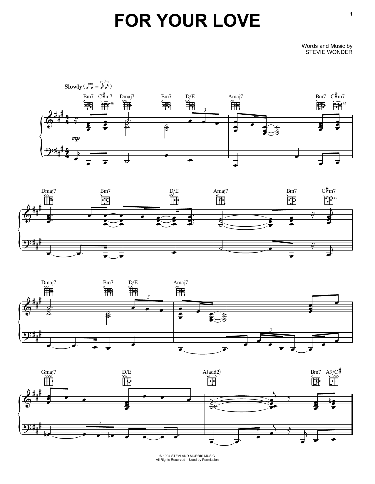 Stevie Wonder For Your Love sheet music notes and chords arranged for Piano, Vocal & Guitar Chords (Right-Hand Melody)