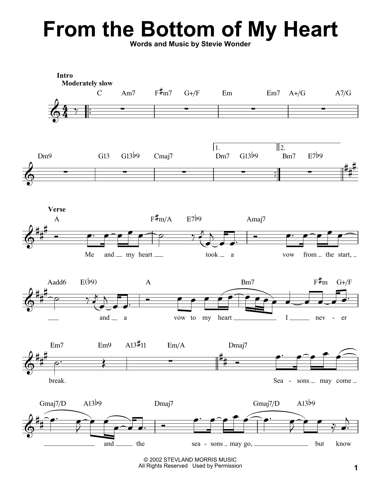 Stevie Wonder From The Bottom Of My Heart sheet music notes and chords arranged for Pro Vocal
