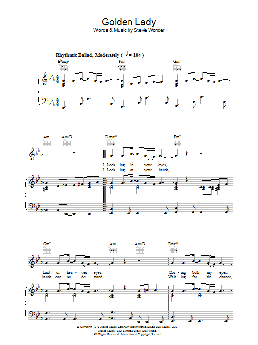 Stevie Wonder Golden Lady sheet music notes and chords arranged for Piano, Vocal & Guitar Chords