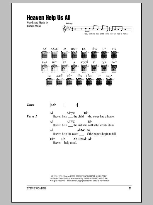 Stevie Wonder Heaven Help Us All sheet music notes and chords arranged for Guitar Chords/Lyrics