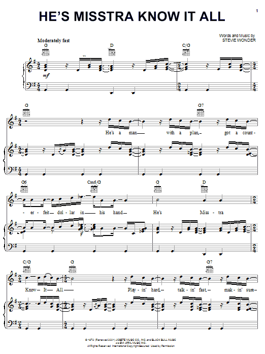 Stevie Wonder He's Misstra Know-It-All sheet music notes and chords arranged for Piano, Vocal & Guitar Chords