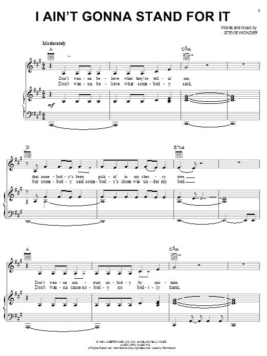 Stevie Wonder I Ain't Gonna Stand For It sheet music notes and chords arranged for Piano, Vocal & Guitar Chords