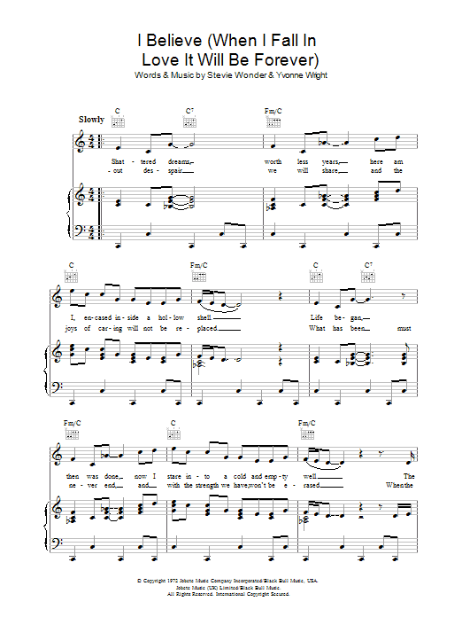 Stevie Wonder I Believe (When I Fall In Love It Will Be Forever) sheet music notes and chords arranged for Piano, Vocal & Guitar Chords