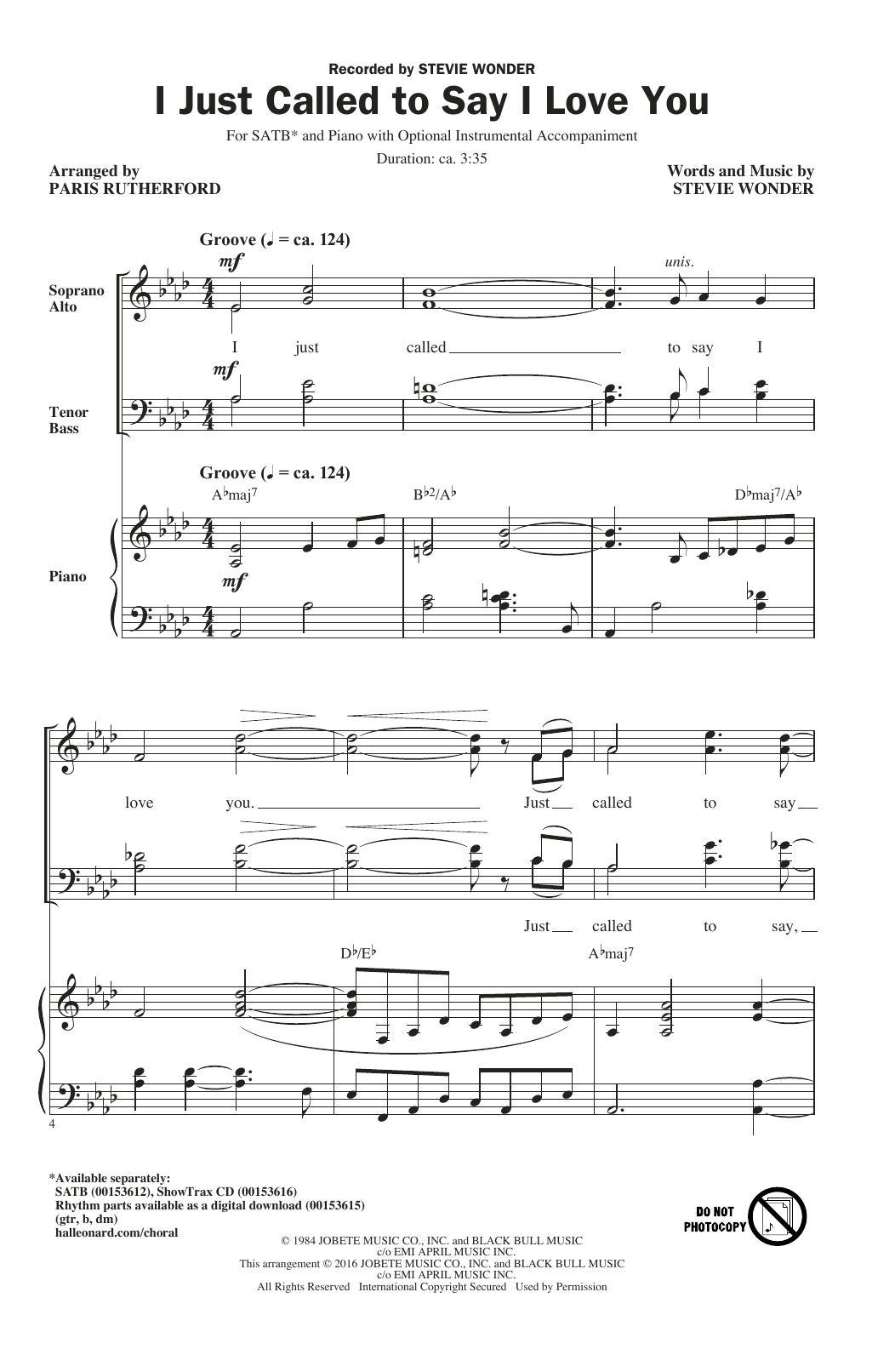 Stevie Wonder I Just Called To Say I Love You (arr. Paris Rutherford) sheet music notes and chords arranged for SATB Choir