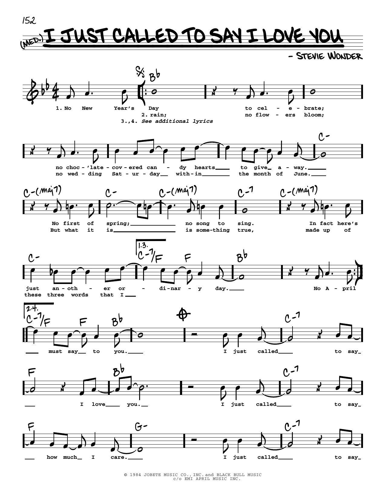 Stevie Wonder I Just Called To Say I Love You (High Voice) sheet music notes and chords arranged for Real Book – Melody, Lyrics & Chords