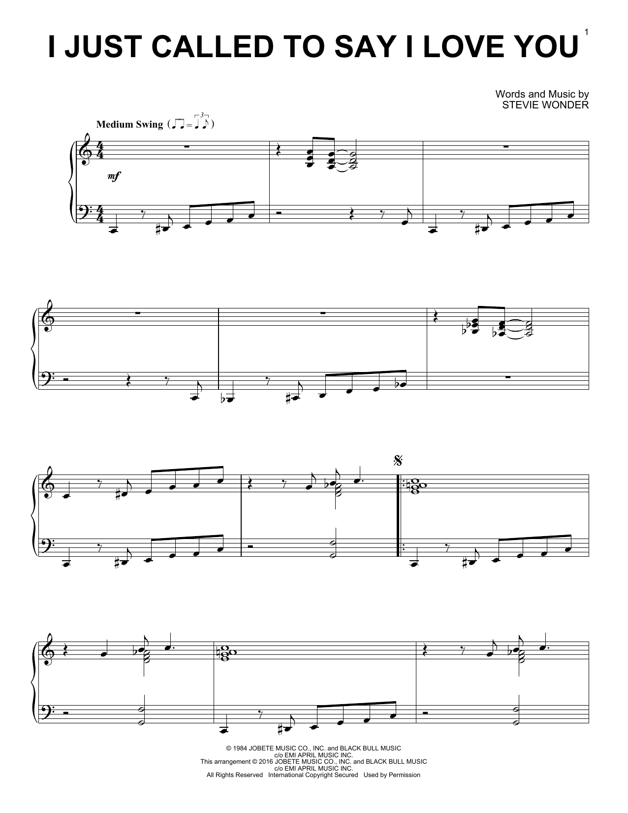Stevie Wonder I Just Called To Say I Love You [Jazz version] sheet music notes and chords arranged for Piano Solo