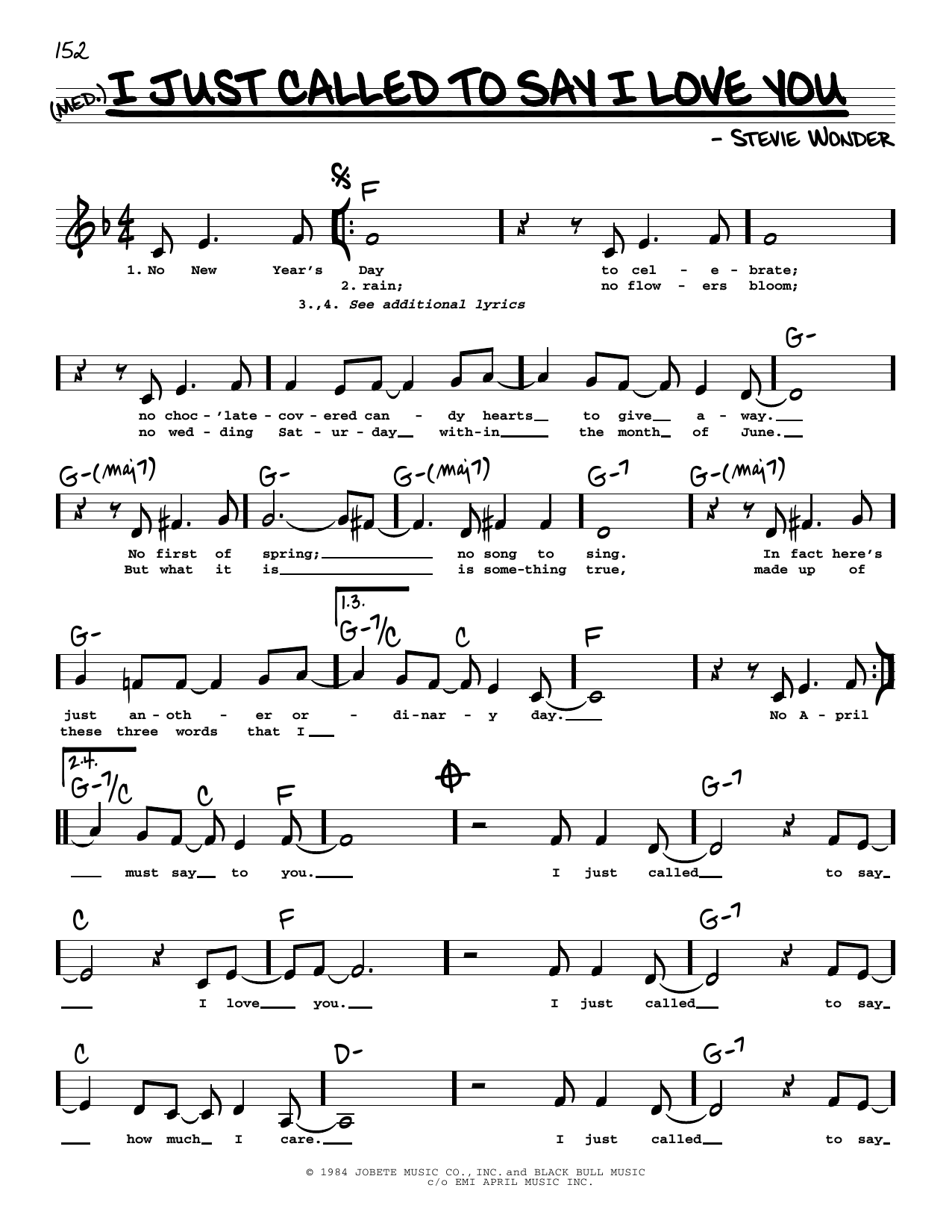 Stevie Wonder I Just Called To Say I Love You (Low Voice) sheet music notes and chords arranged for Real Book – Melody, Lyrics & Chords
