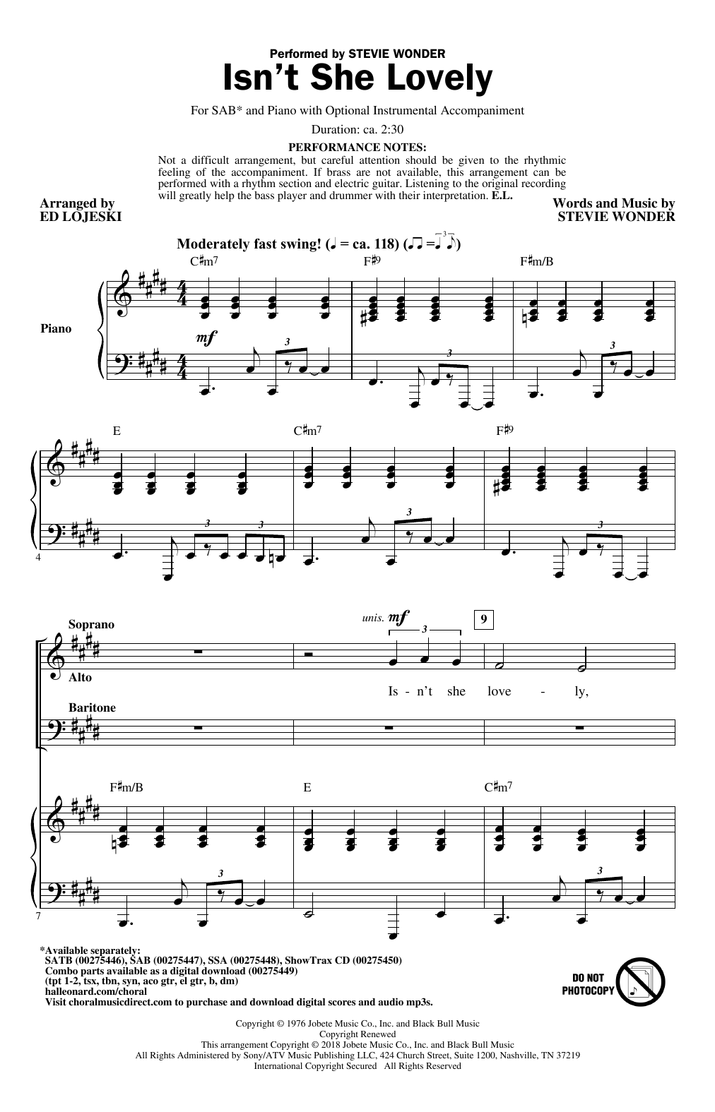 Stevie Wonder Isn't She Lovely (arr. Ed Lojeski) sheet music notes and chords arranged for SATB Choir