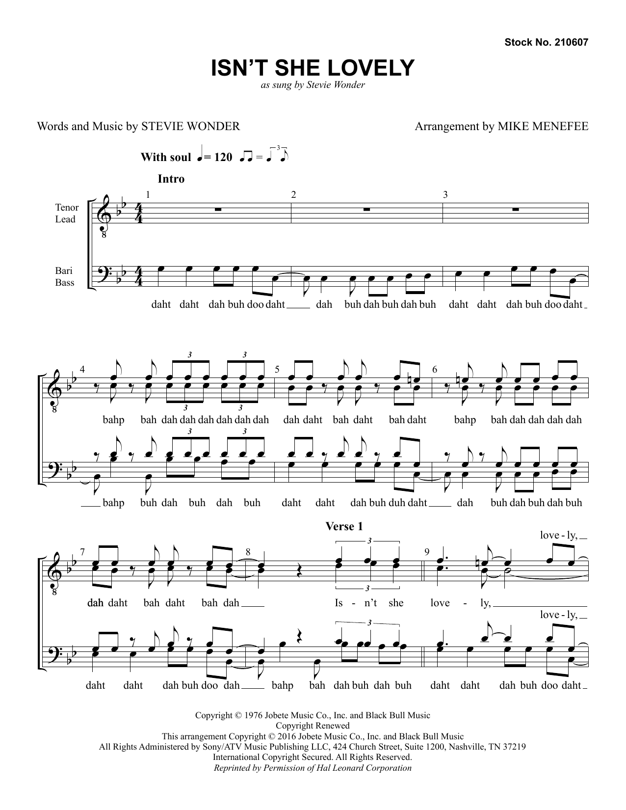 Stevie Wonder Isn't She Lovely (arr. Mike Menefee) sheet music notes and chords arranged for TTBB Choir