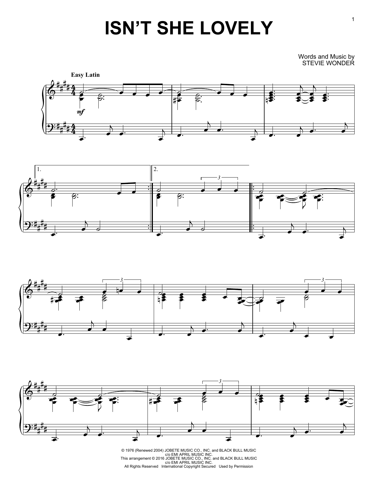 Stevie Wonder Isn't She Lovely [Jazz version] sheet music notes and chords arranged for Piano Solo