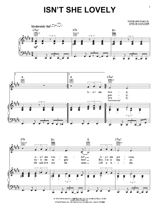 Stevie Wonder Isn't She Lovely sheet music notes and chords arranged for Piano Duet