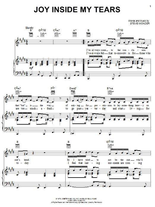 Stevie Wonder Joy Inside My Tears sheet music notes and chords arranged for Piano, Vocal & Guitar Chords (Right-Hand Melody)