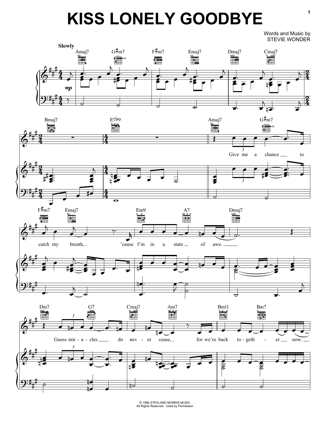 Stevie Wonder Kiss Lonely Goodbye sheet music notes and chords arranged for Piano, Vocal & Guitar Chords (Right-Hand Melody)