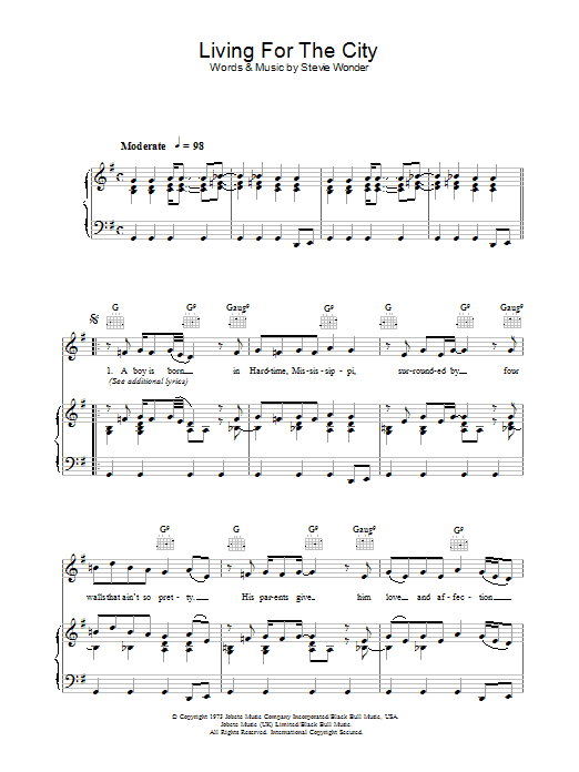 Stevie Wonder Living For The City sheet music notes and chords arranged for Piano, Vocal & Guitar Chords (Right-Hand Melody)