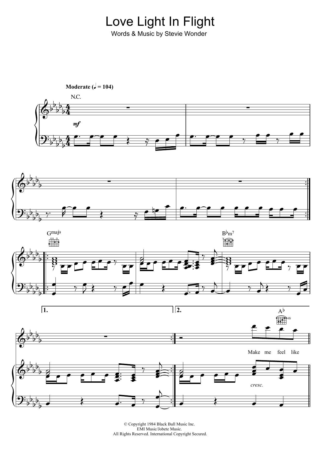 Stevie Wonder Love Light In Flight sheet music notes and chords arranged for Piano, Vocal & Guitar Chords