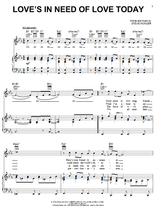 Stevie Wonder Love's In Need Of Love Today sheet music notes and chords arranged for Piano, Vocal & Guitar Chords (Right-Hand Melody)