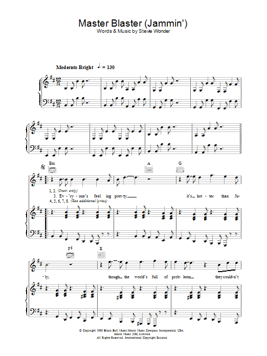 Stevie Wonder Master Blaster (Jammin') sheet music notes and chords arranged for Piano, Vocal & Guitar Chords