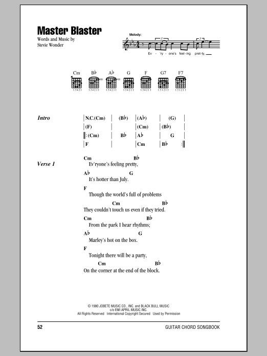 Stevie Wonder Master Blaster sheet music notes and chords arranged for Piano, Vocal & Guitar Chords (Right-Hand Melody)