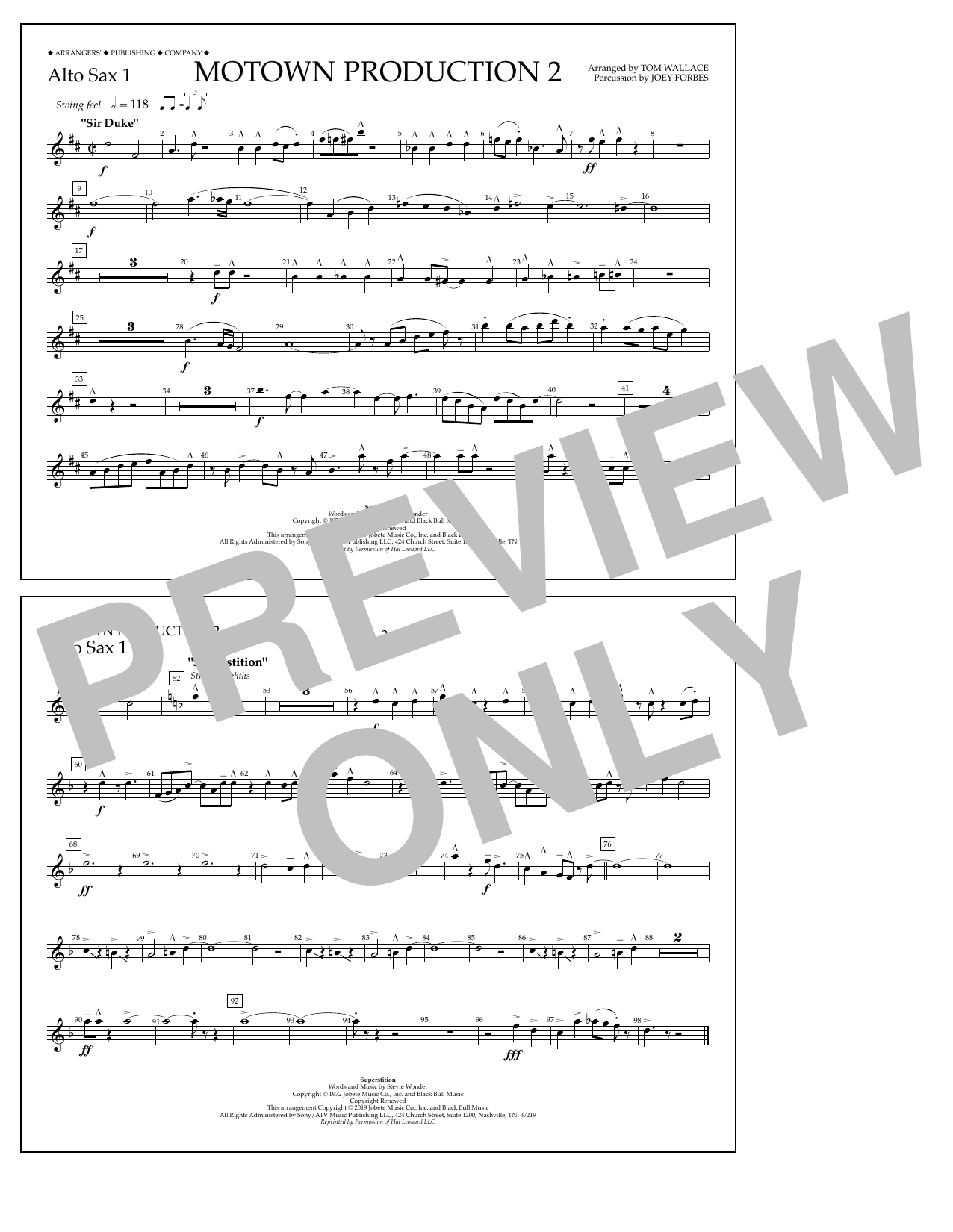 Stevie Wonder Motown Production 2 (arr. Tom Wallace) - Alto Sax 1 sheet music notes and chords arranged for Marching Band