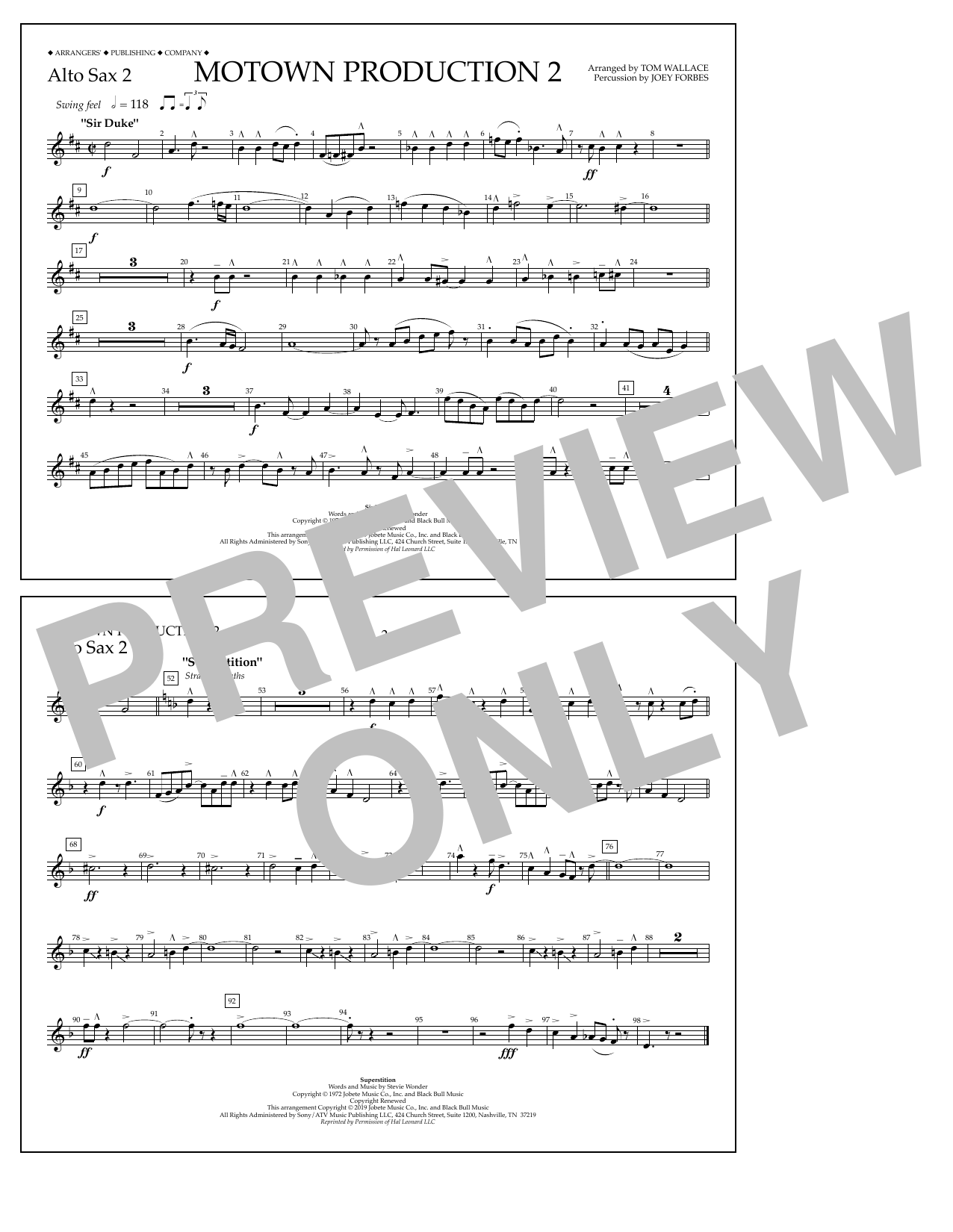 Stevie Wonder Motown Production 2 (arr. Tom Wallace) - Alto Sax 2 sheet music notes and chords arranged for Marching Band