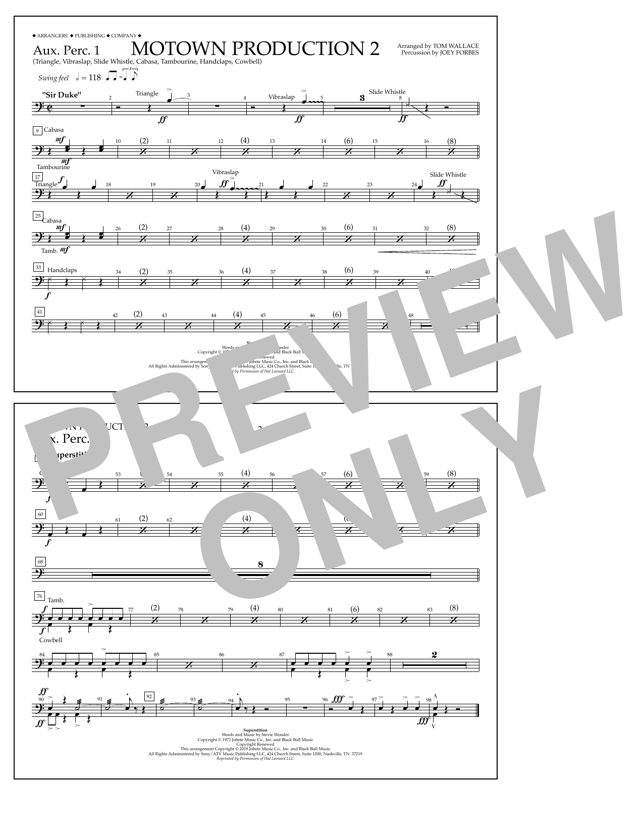 Stevie Wonder Motown Production 2 (arr. Tom Wallace) - Aux. Perc. 1 sheet music notes and chords arranged for Marching Band