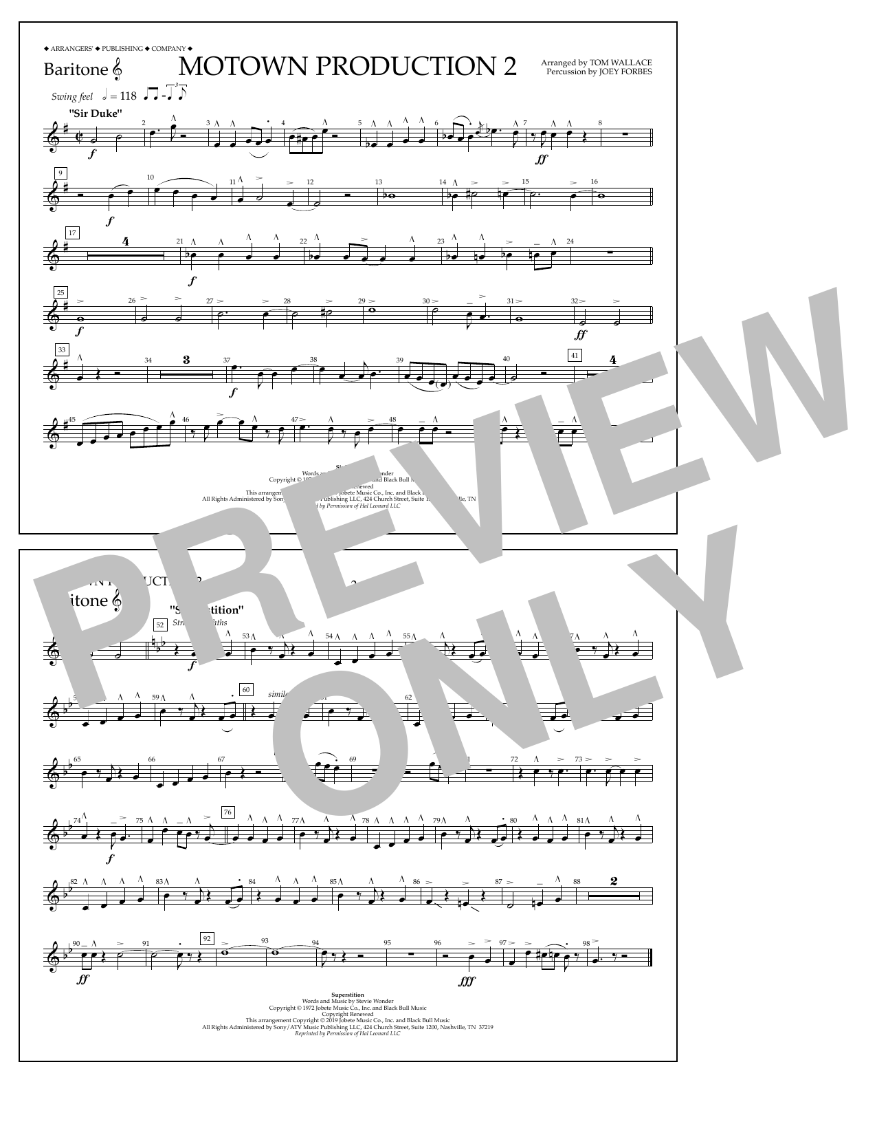 Stevie Wonder Motown Production 2 (arr. Tom Wallace) - Baritone T.C. sheet music notes and chords arranged for Marching Band