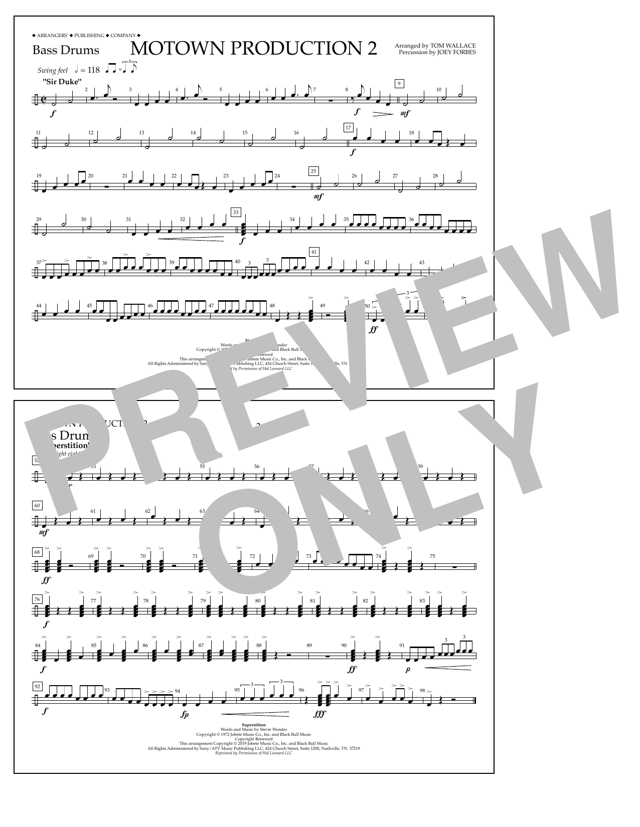 Stevie Wonder Motown Production 2 (arr. Tom Wallace) - Bass Drums sheet music notes and chords arranged for Marching Band