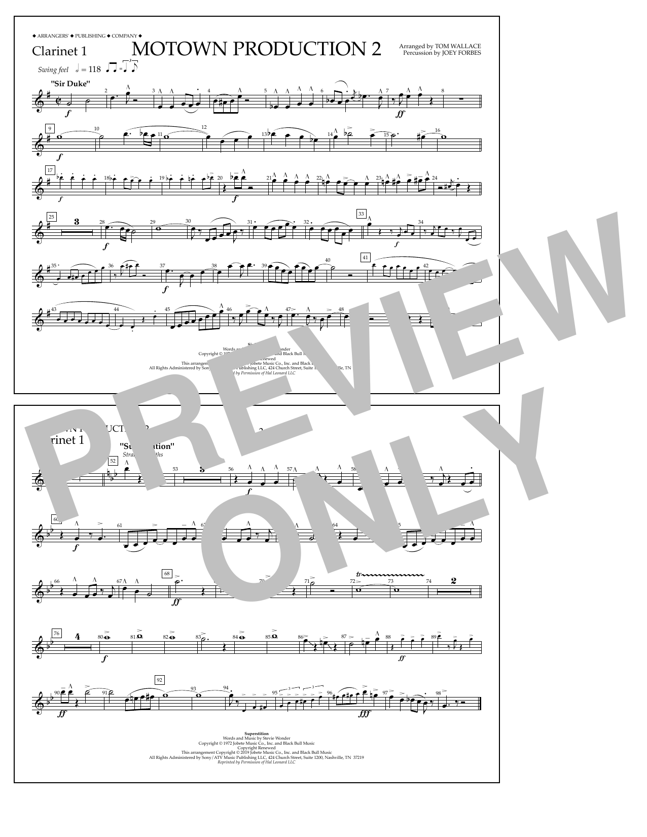 Stevie Wonder Motown Production 2 (arr. Tom Wallace) - Clarinet 1 sheet music notes and chords arranged for Marching Band