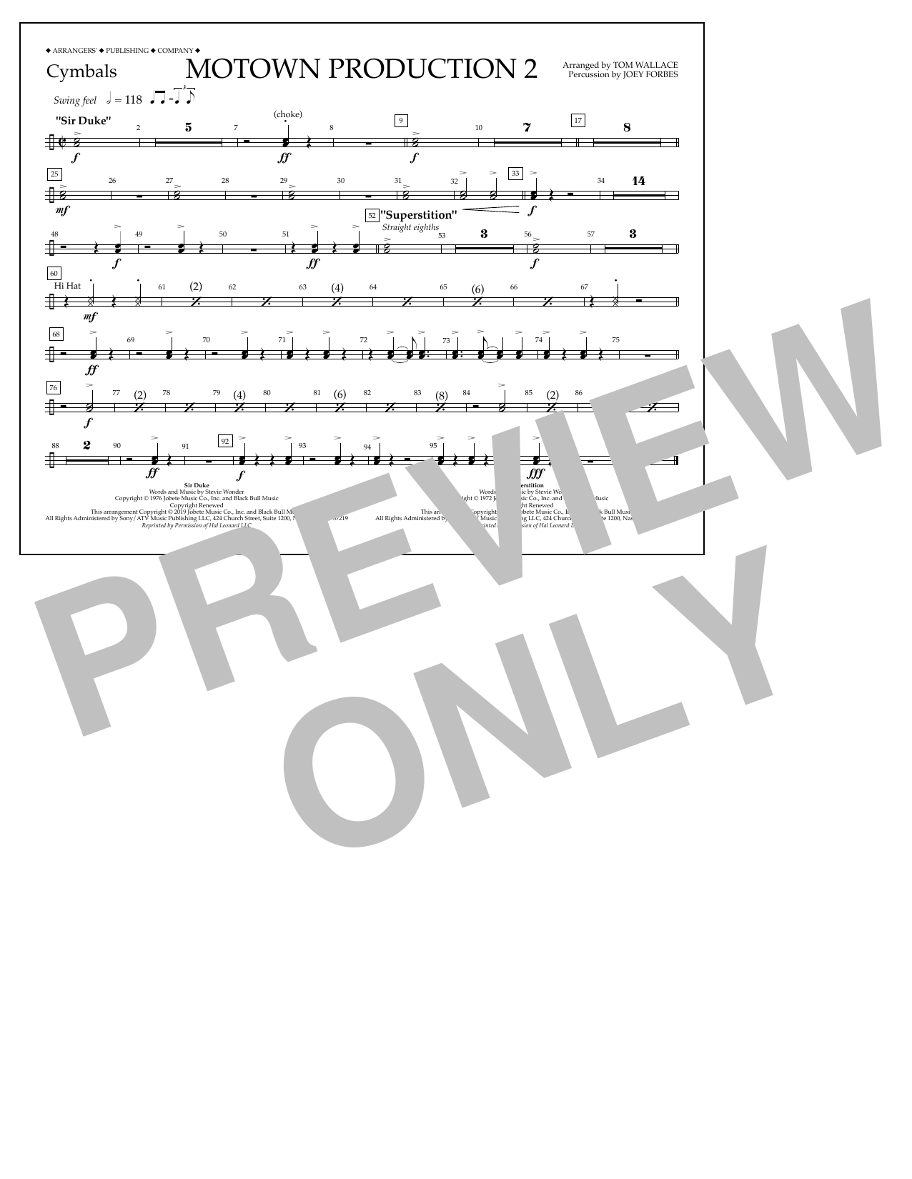 Stevie Wonder Motown Production 2 (arr. Tom Wallace) - Cymbals sheet music notes and chords arranged for Marching Band