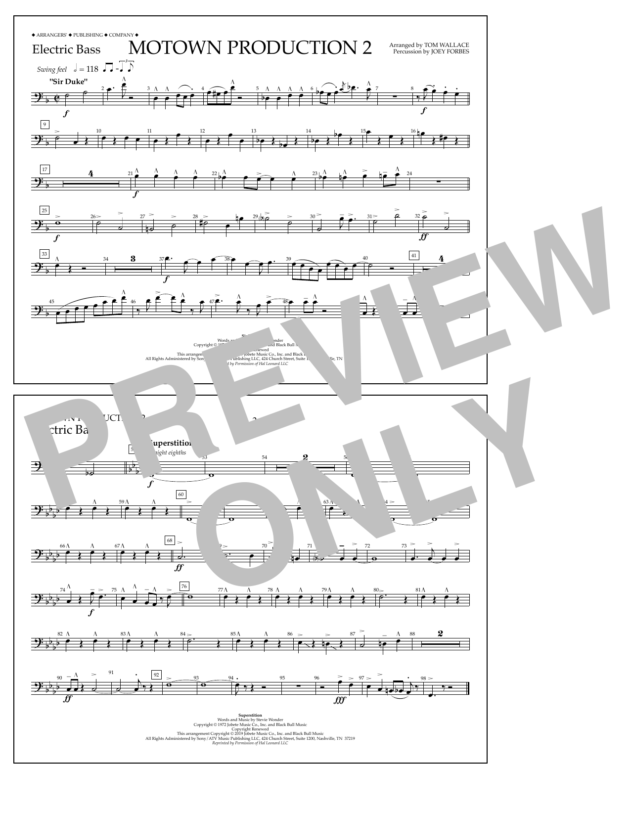 Stevie Wonder Motown Production 2 (arr. Tom Wallace) - Electric Bass sheet music notes and chords arranged for Marching Band