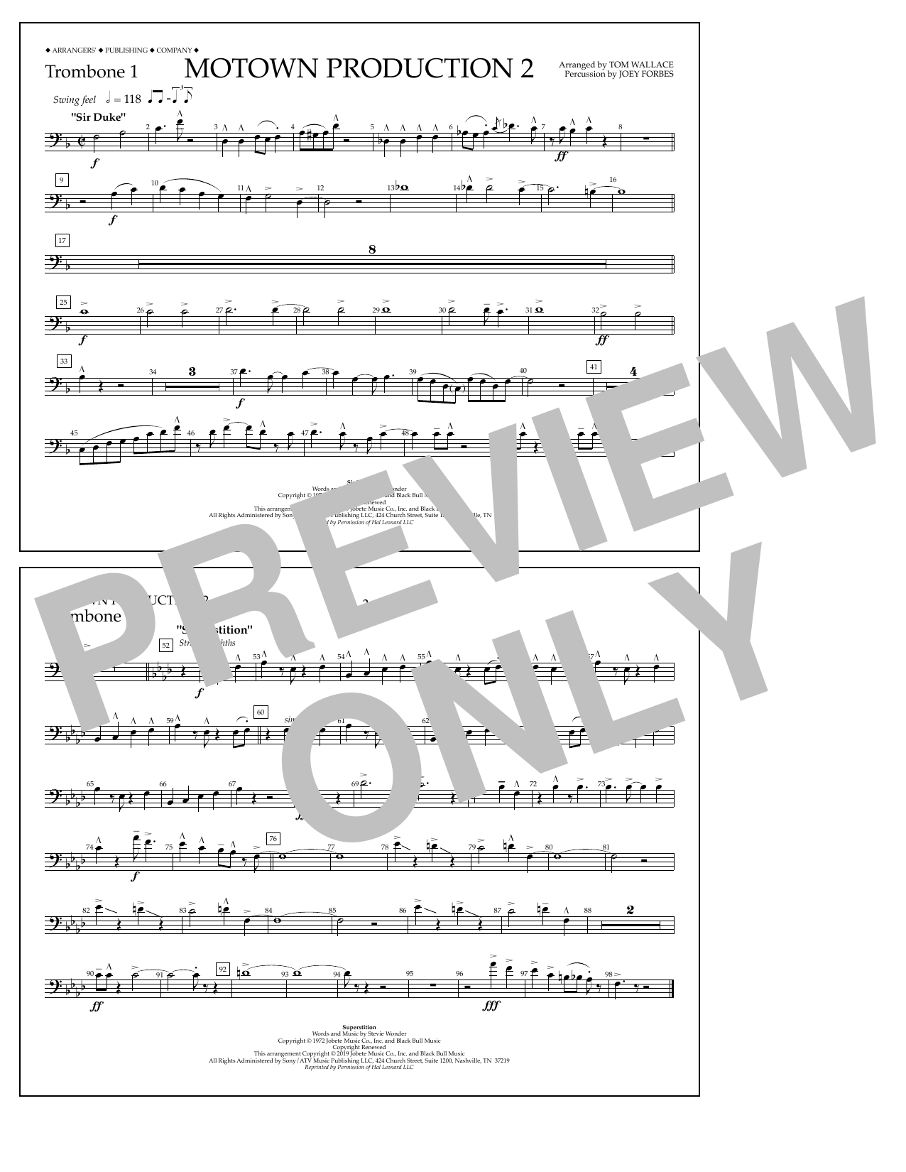 Stevie Wonder Motown Production 2 (arr. Tom Wallace) - Trombone 1 sheet music notes and chords arranged for Marching Band