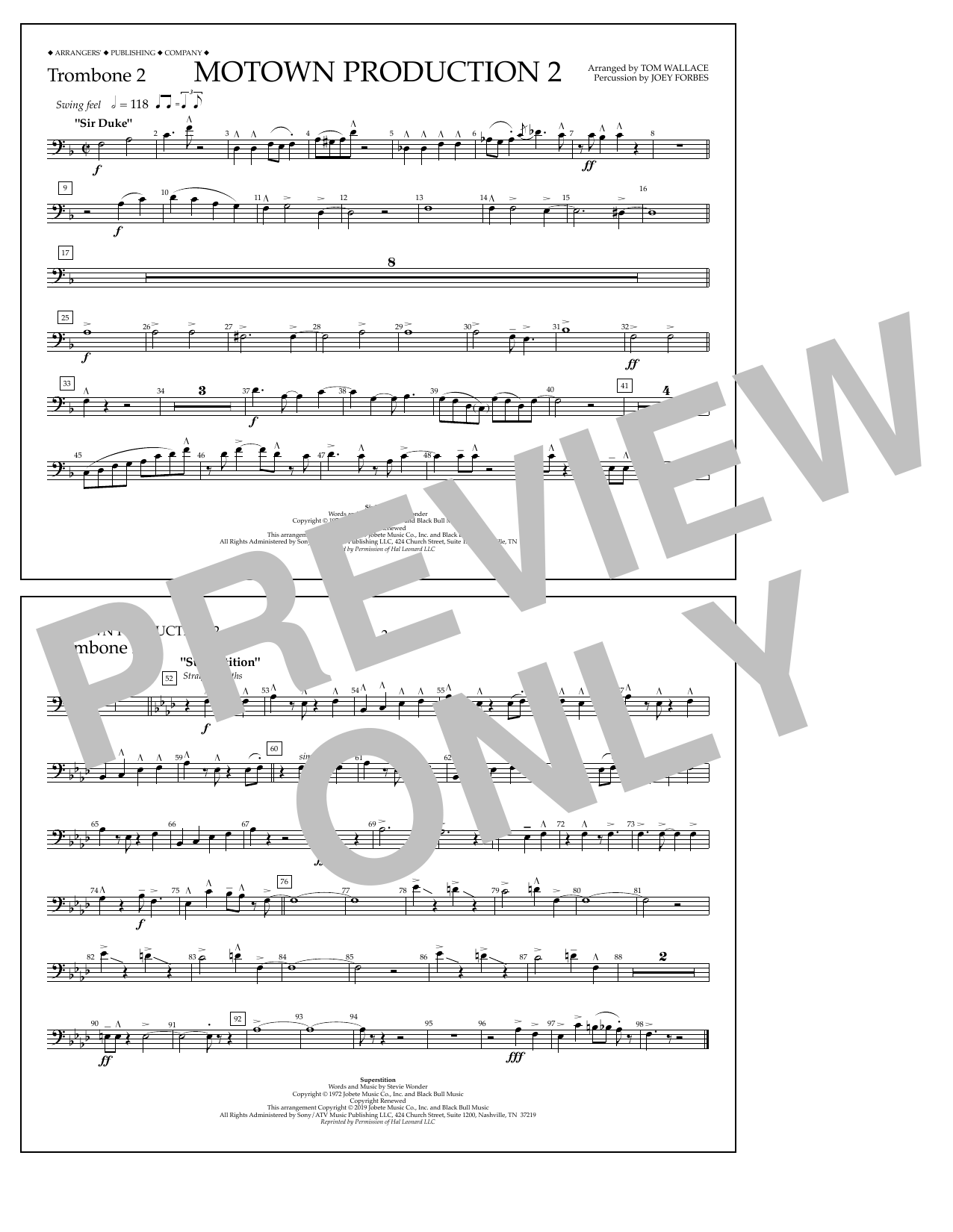 Stevie Wonder Motown Production 2 (arr. Tom Wallace) - Trombone 2 sheet music notes and chords arranged for Marching Band