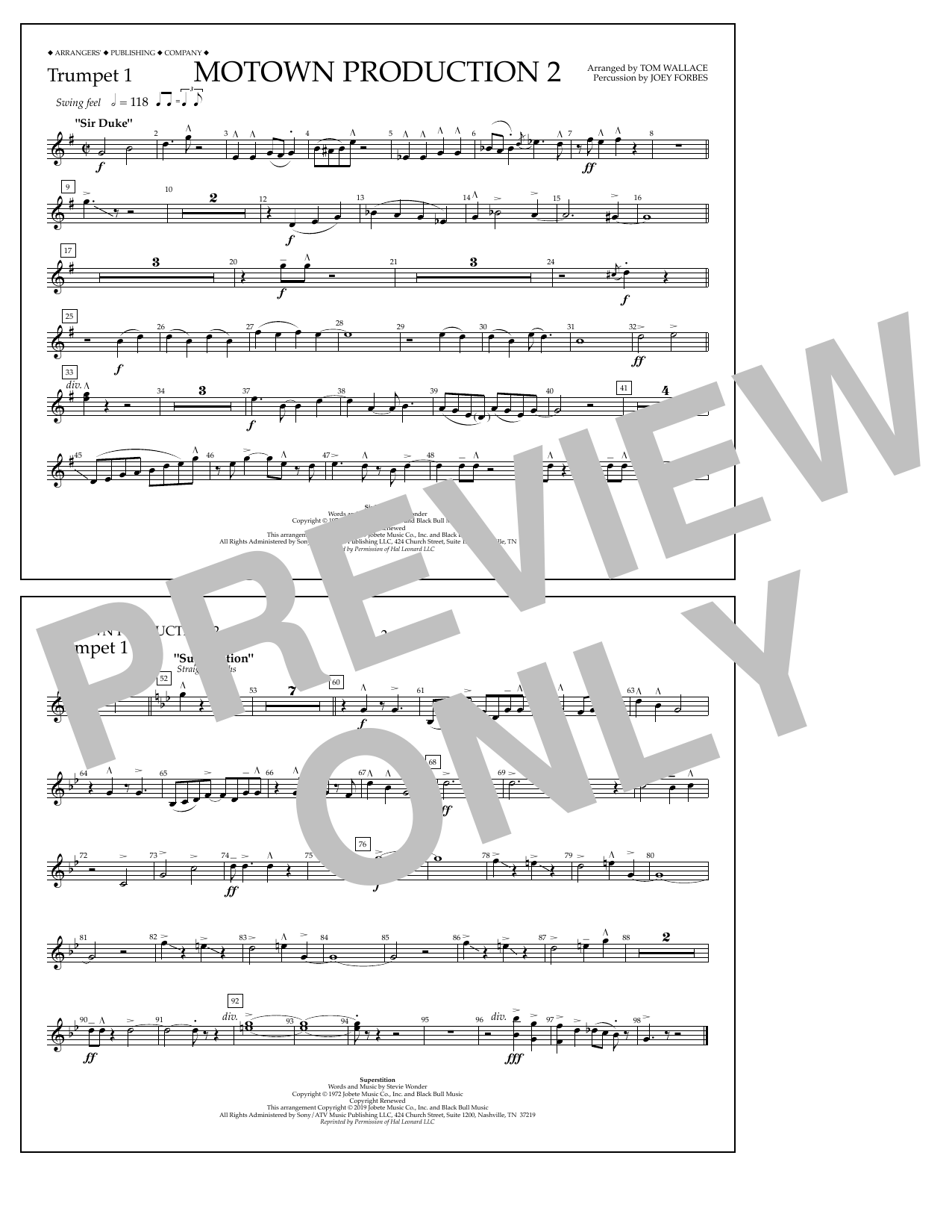 Stevie Wonder Motown Production 2 (arr. Tom Wallace) - Trumpet 1 sheet music notes and chords arranged for Marching Band