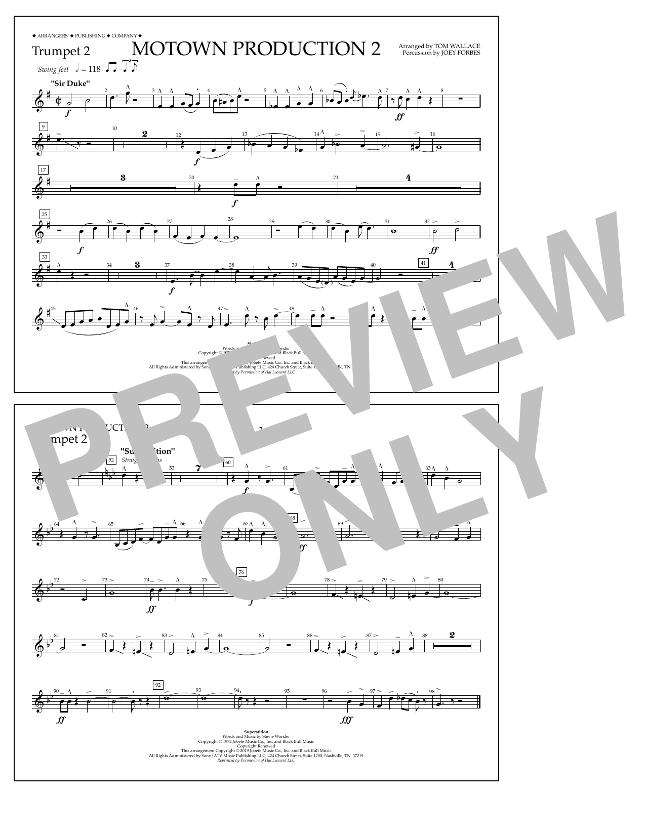 Stevie Wonder Motown Production 2 (arr. Tom Wallace) - Trumpet 2 sheet music notes and chords arranged for Marching Band