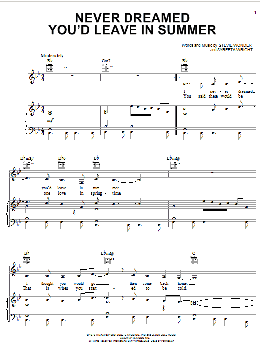 Stevie Wonder Never Dreamed You'd Leave In Summer sheet music notes and chords arranged for Piano, Vocal & Guitar Chords (Right-Hand Melody)
